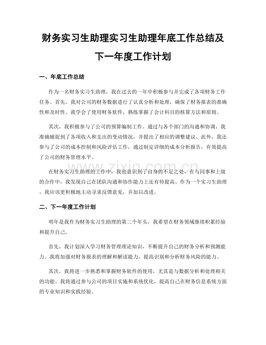 财务实习生助理实习生助理年底工作总结及下一年度工作计划.docx_第1页