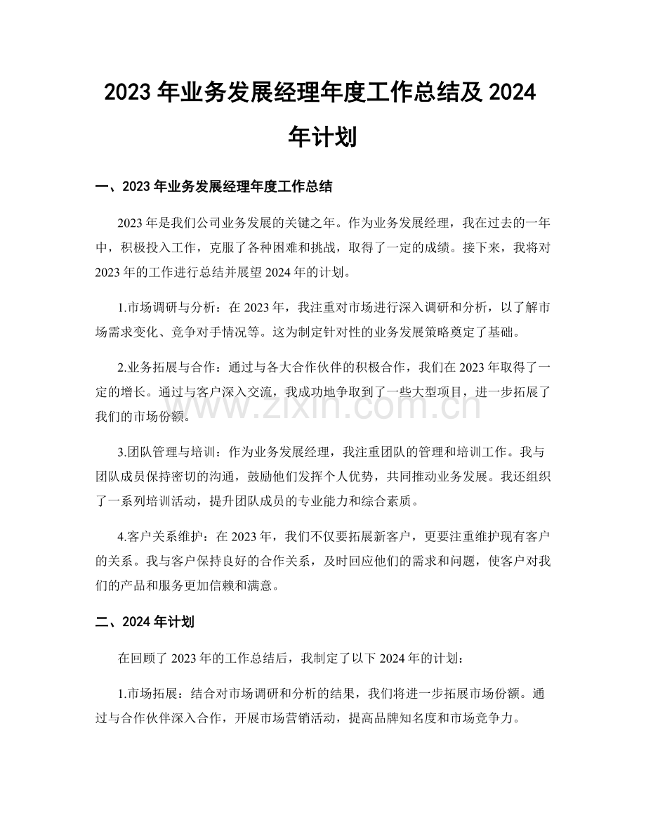 2023年业务发展经理年度工作总结及2024年计划.docx_第1页