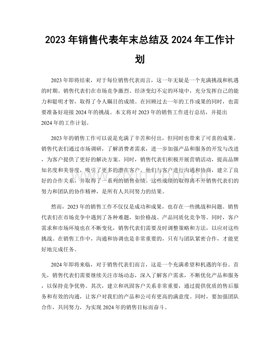 2023年销售代表年末总结及2024年工作计划.docx_第1页