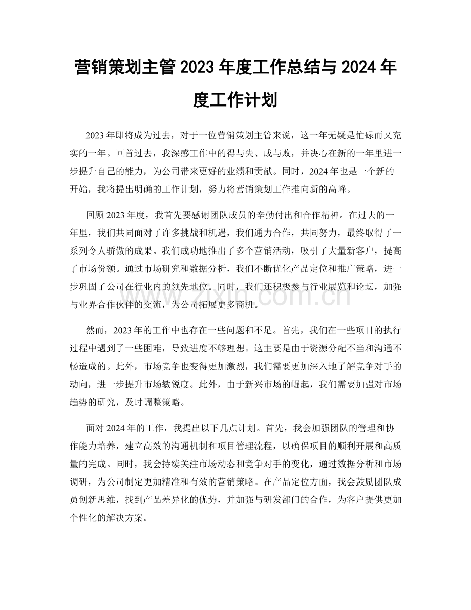 营销策划主管2023年度工作总结与2024年度工作计划.docx_第1页