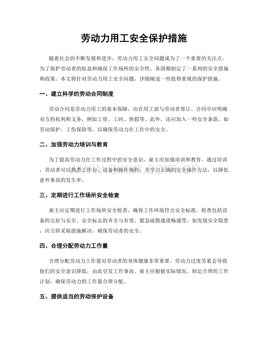 劳动力用工安全保护措施.docx_第1页