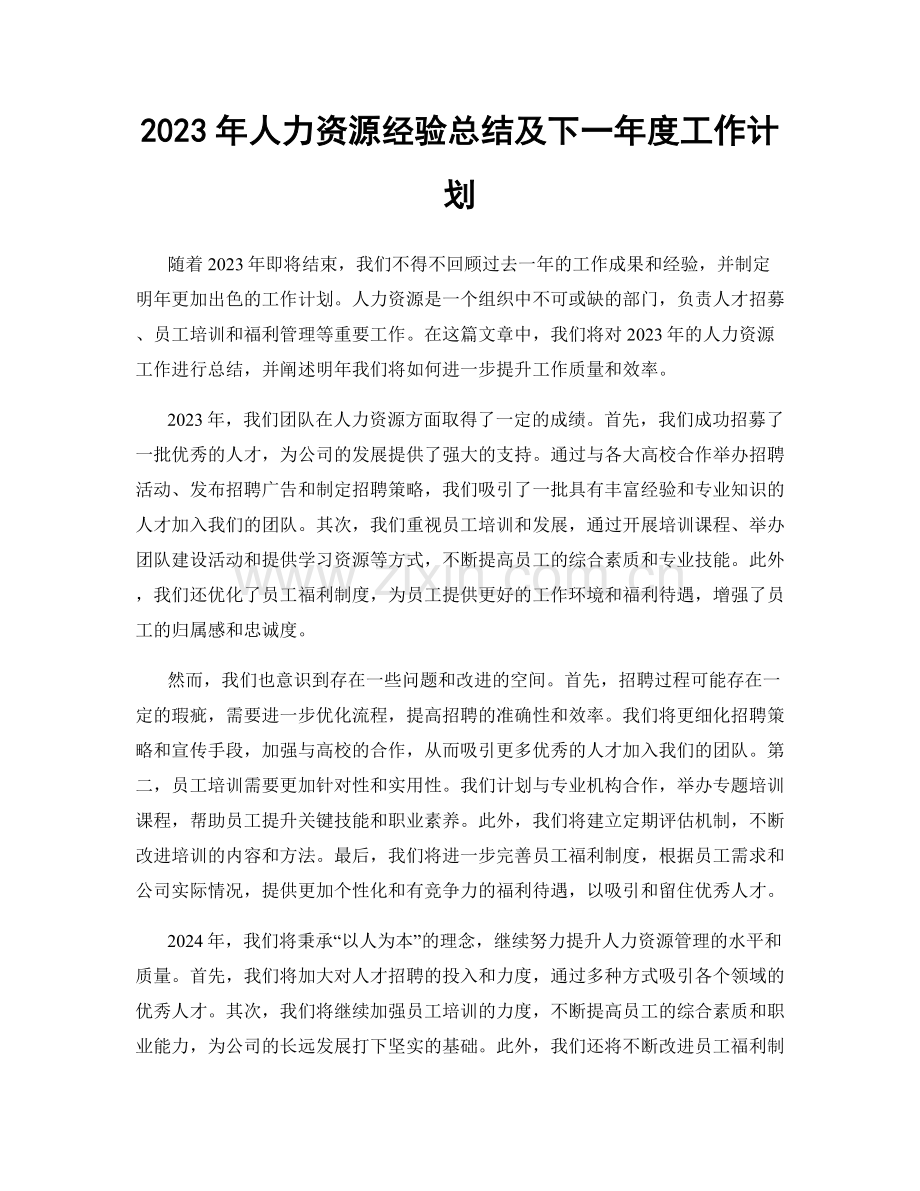 2023年人力资源经验总结及下一年度工作计划.docx_第1页