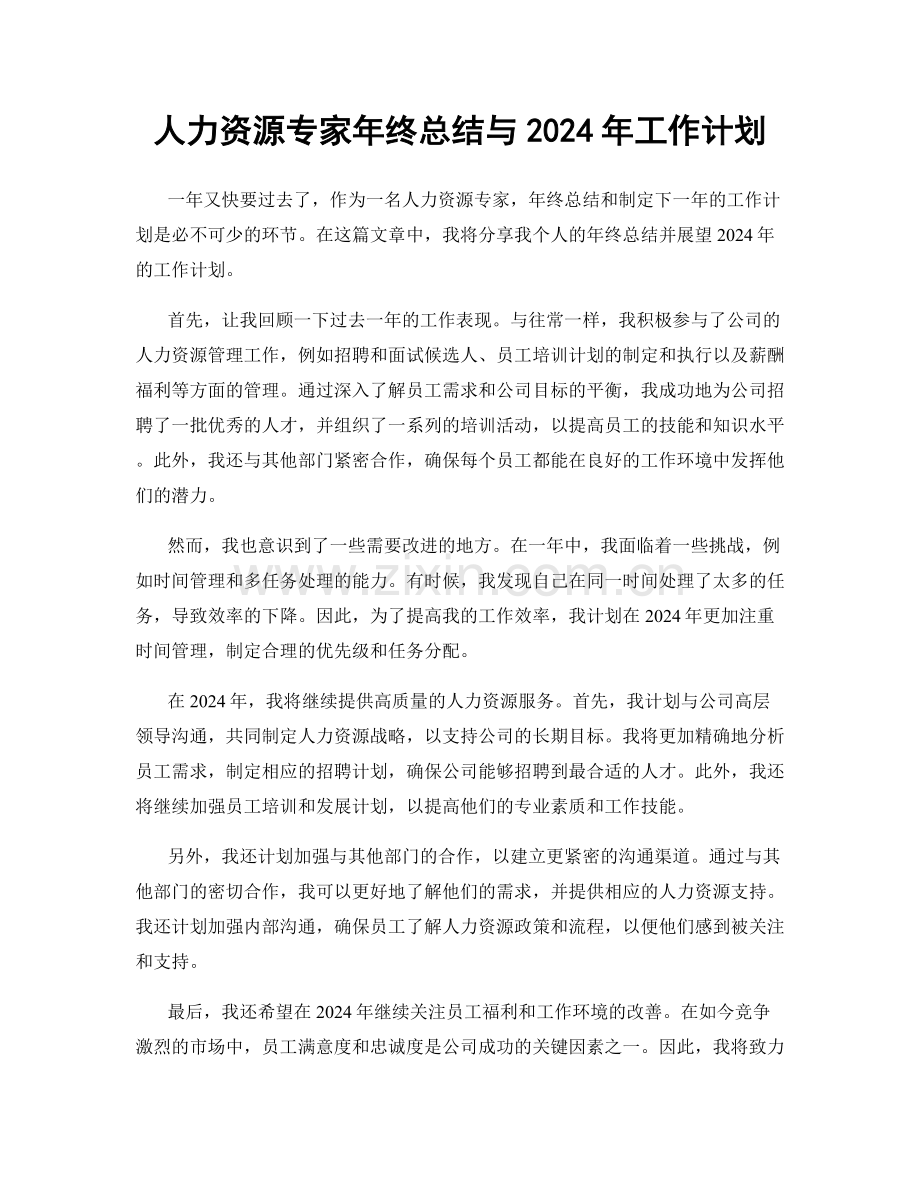 人力资源专家年终总结与2024年工作计划.docx_第1页