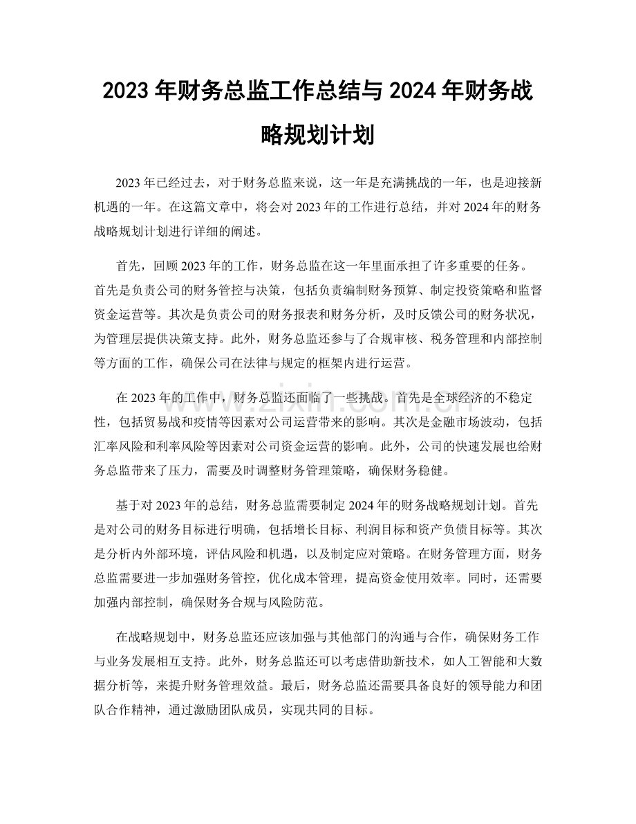 2023年财务总监工作总结与2024年财务战略规划计划.docx_第1页