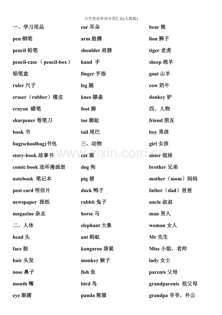 小学英语单词分类汇总(人教版).doc_第1页