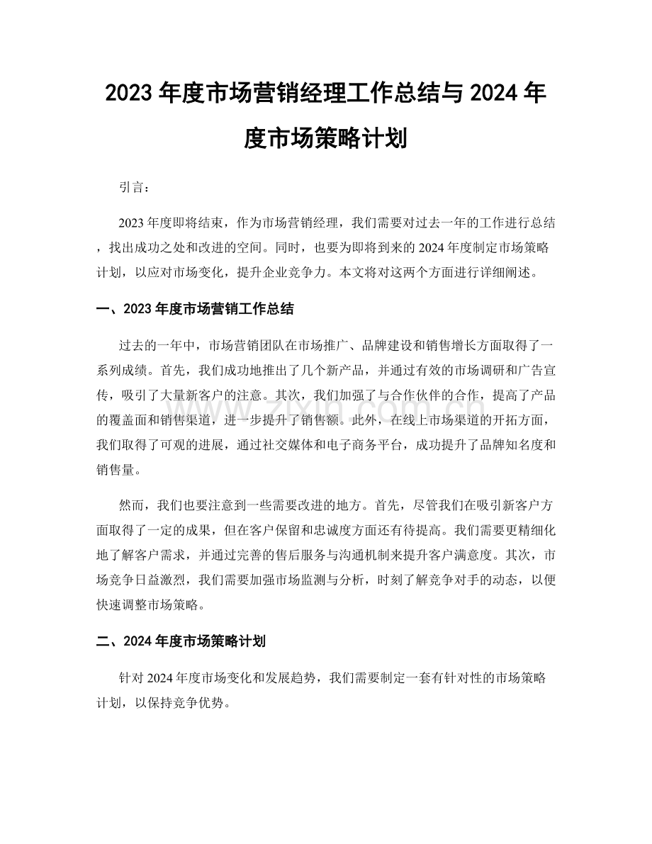 2023年度市场营销经理工作总结与2024年度市场策略计划.docx_第1页