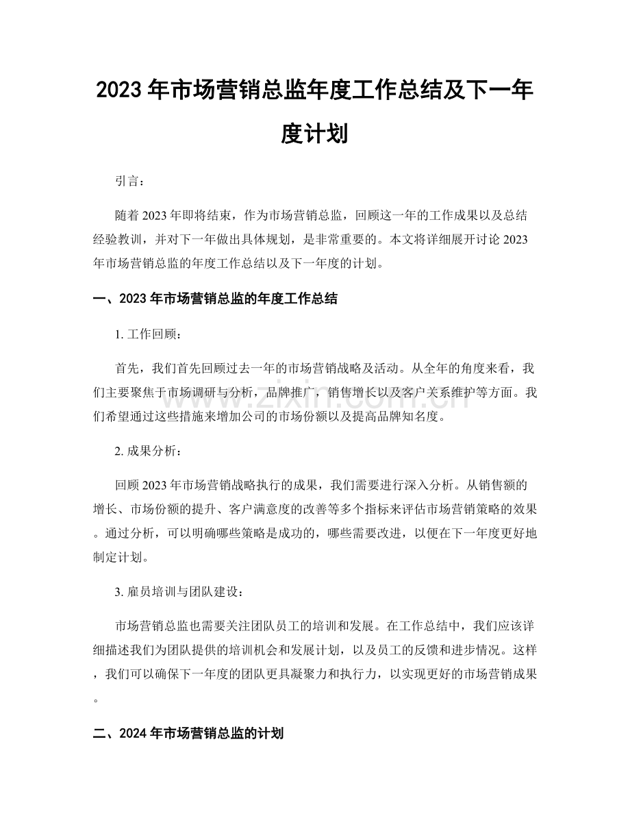 2023年市场营销总监年度工作总结及下一年度计划.docx_第1页