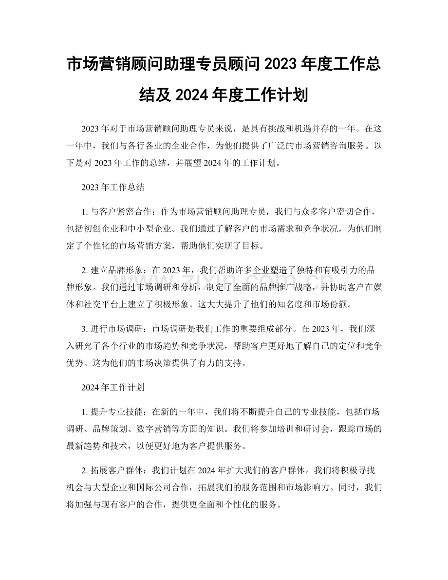 市场营销顾问助理专员顾问2023年度工作总结及2024年度工作计划.docx_第1页