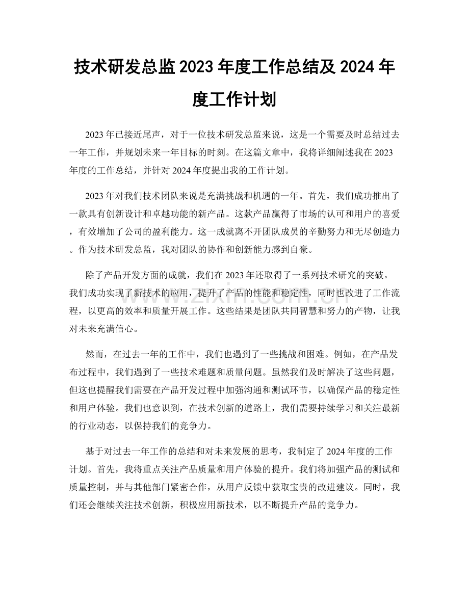 技术研发总监2023年度工作总结及2024年度工作计划.docx_第1页