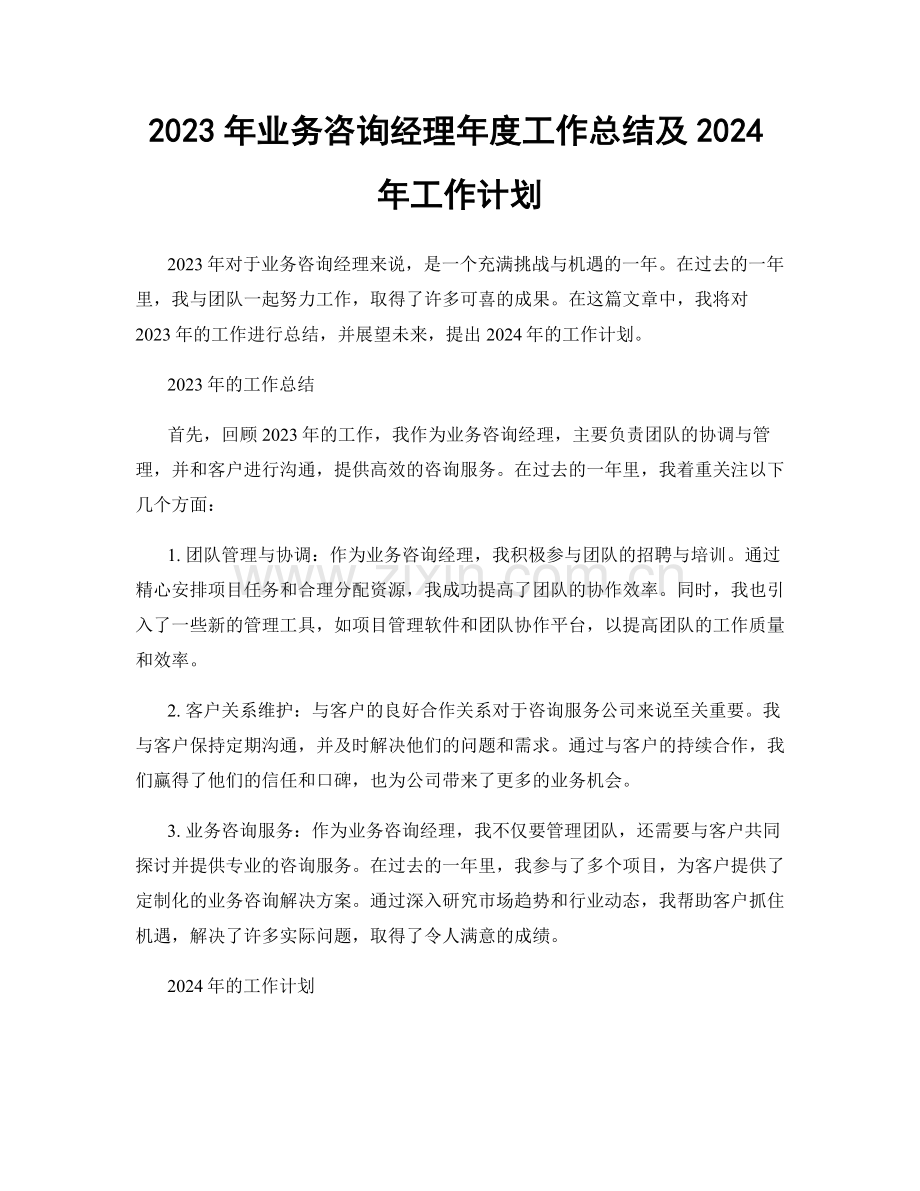 2023年业务咨询经理年度工作总结及2024年工作计划.docx_第1页