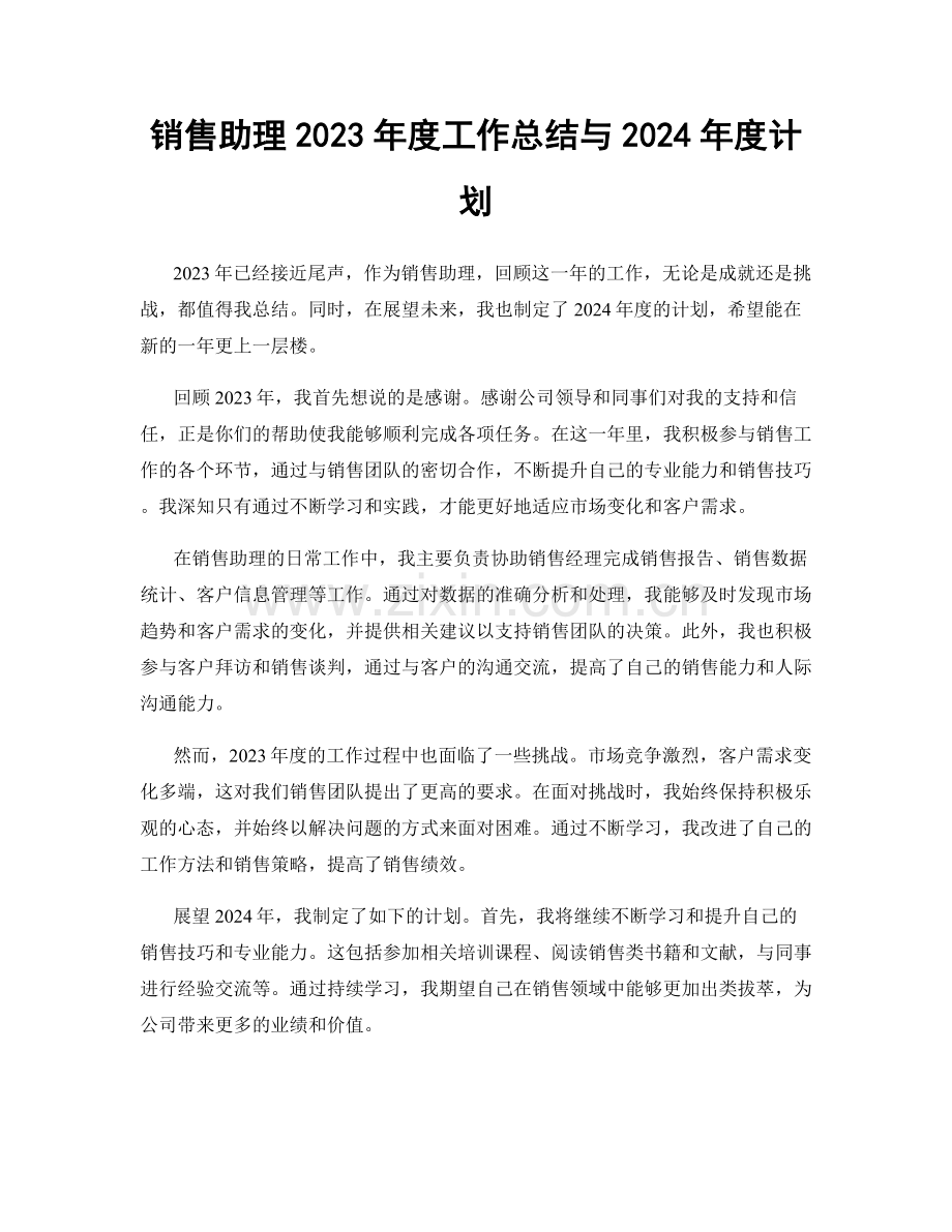 销售助理2023年度工作总结与2024年度计划.docx_第1页