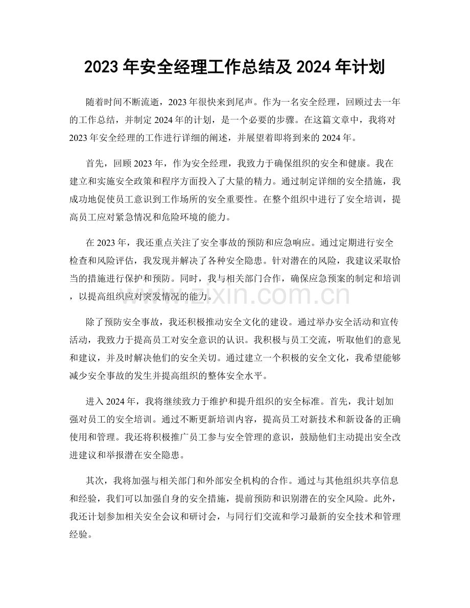 2023年安全经理工作总结及2024年计划.docx_第1页