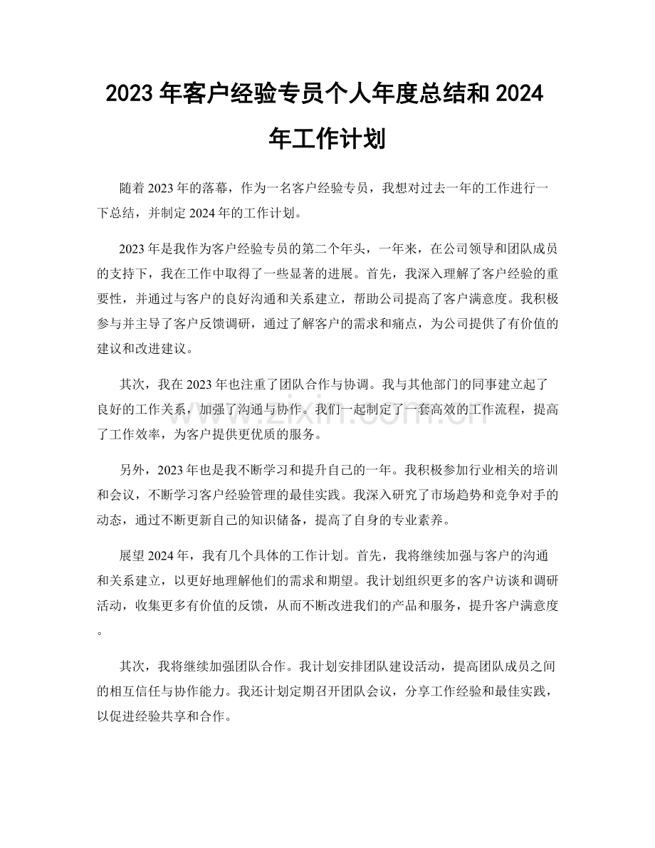 2023年客户经验专员个人年度总结和2024年工作计划.docx_第1页