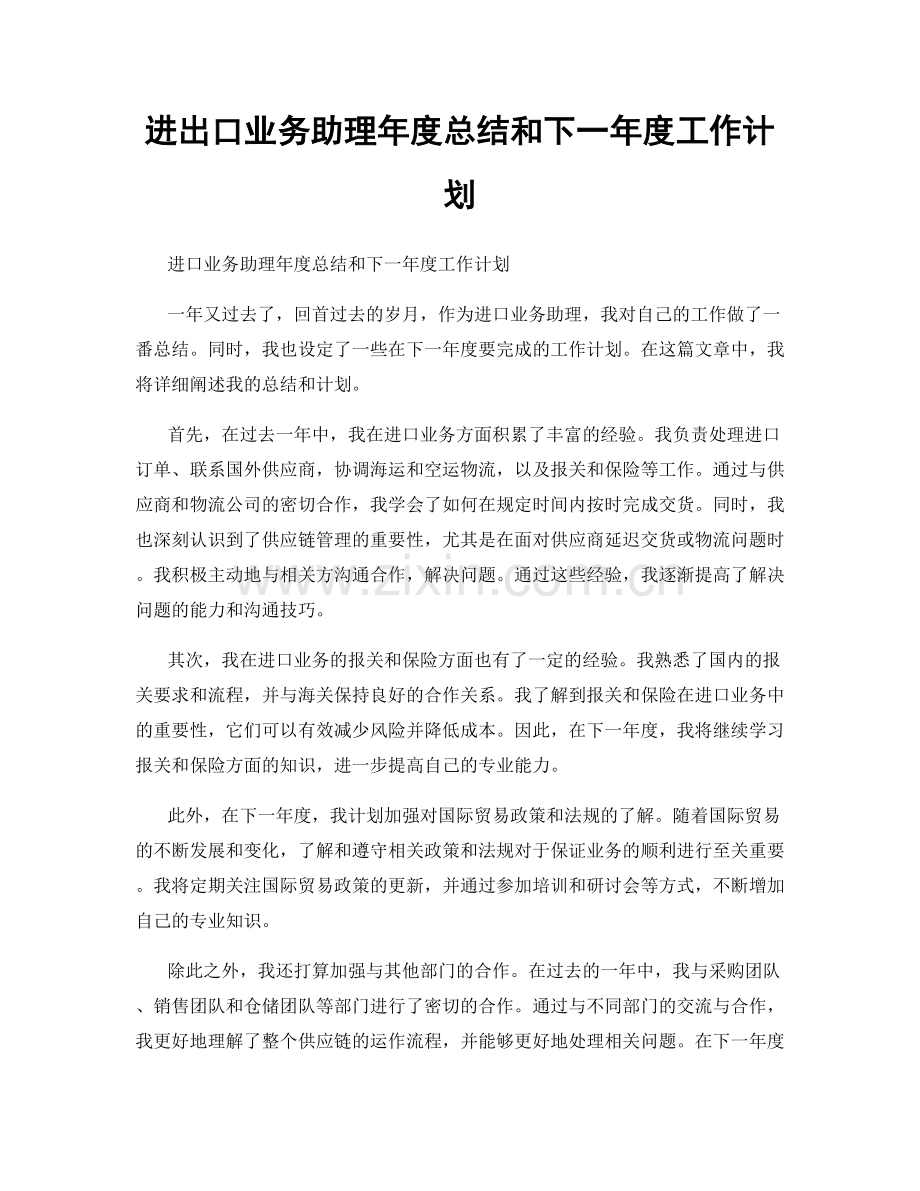 进出口业务助理年度总结和下一年度工作计划.docx_第1页