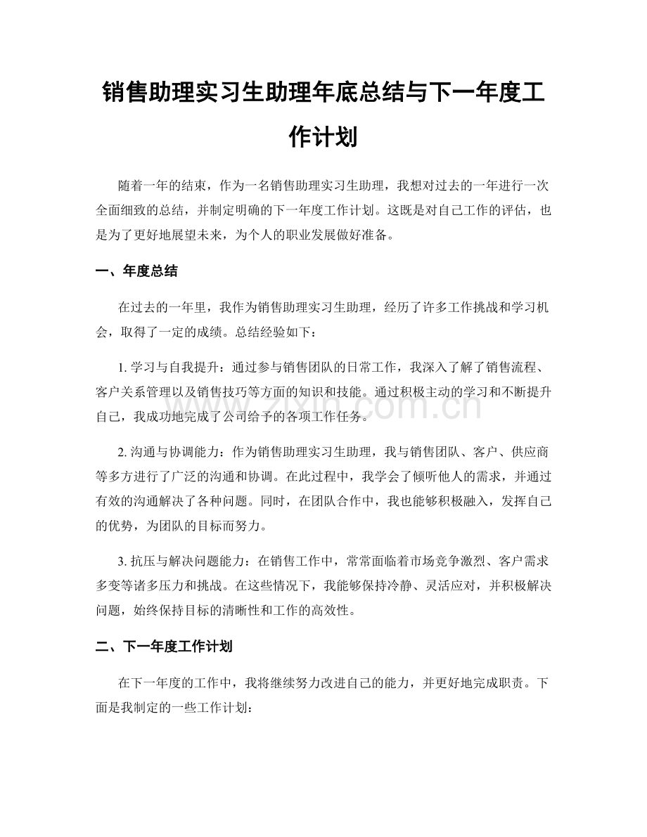 销售助理实习生助理年底总结与下一年度工作计划.docx_第1页