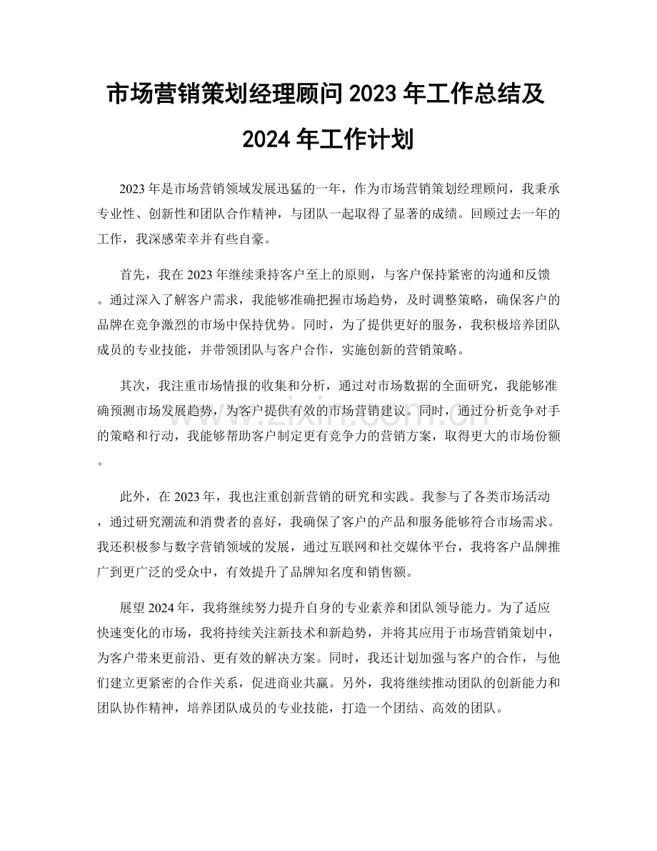 市场营销策划经理顾问2023年工作总结及2024年工作计划.docx_第1页