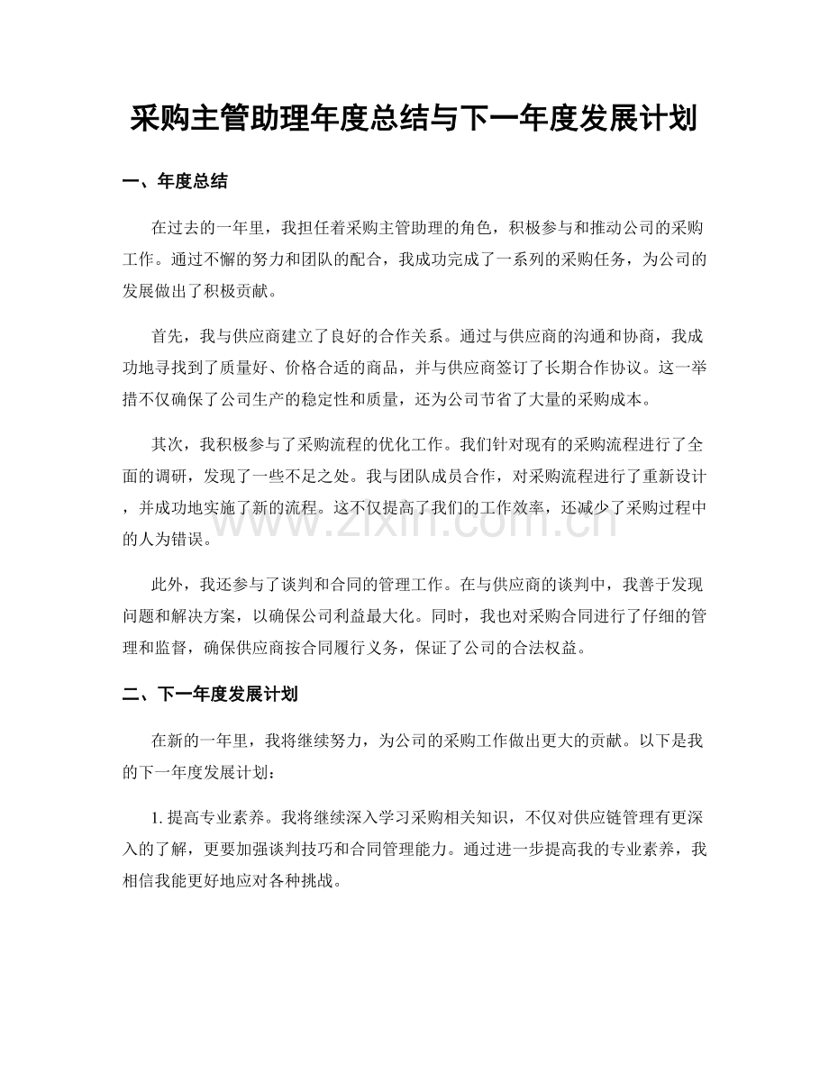 采购主管助理年度总结与下一年度发展计划.docx_第1页