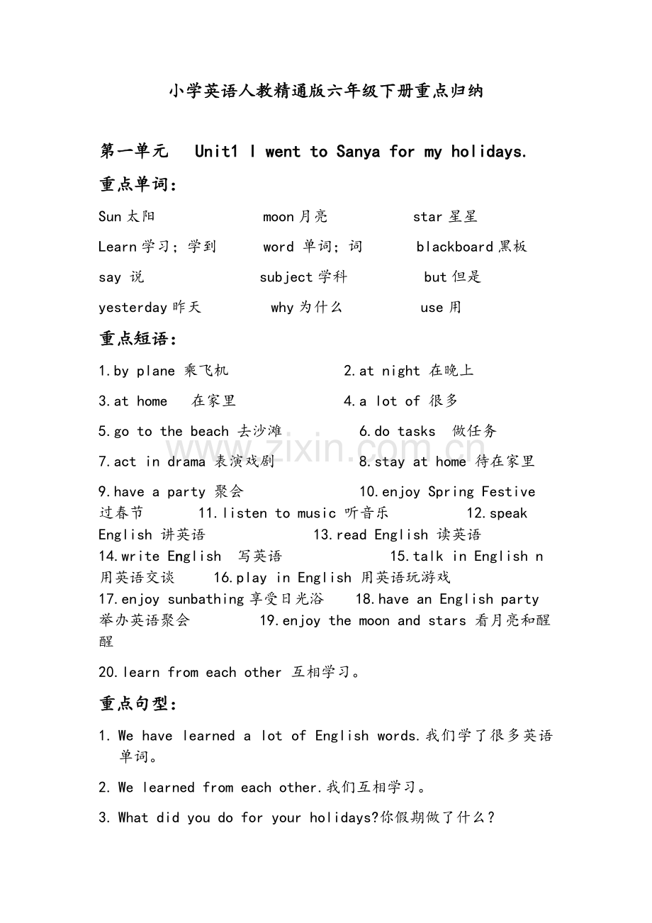 小学英语人教精通版六年级下册重点归纳.doc_第1页