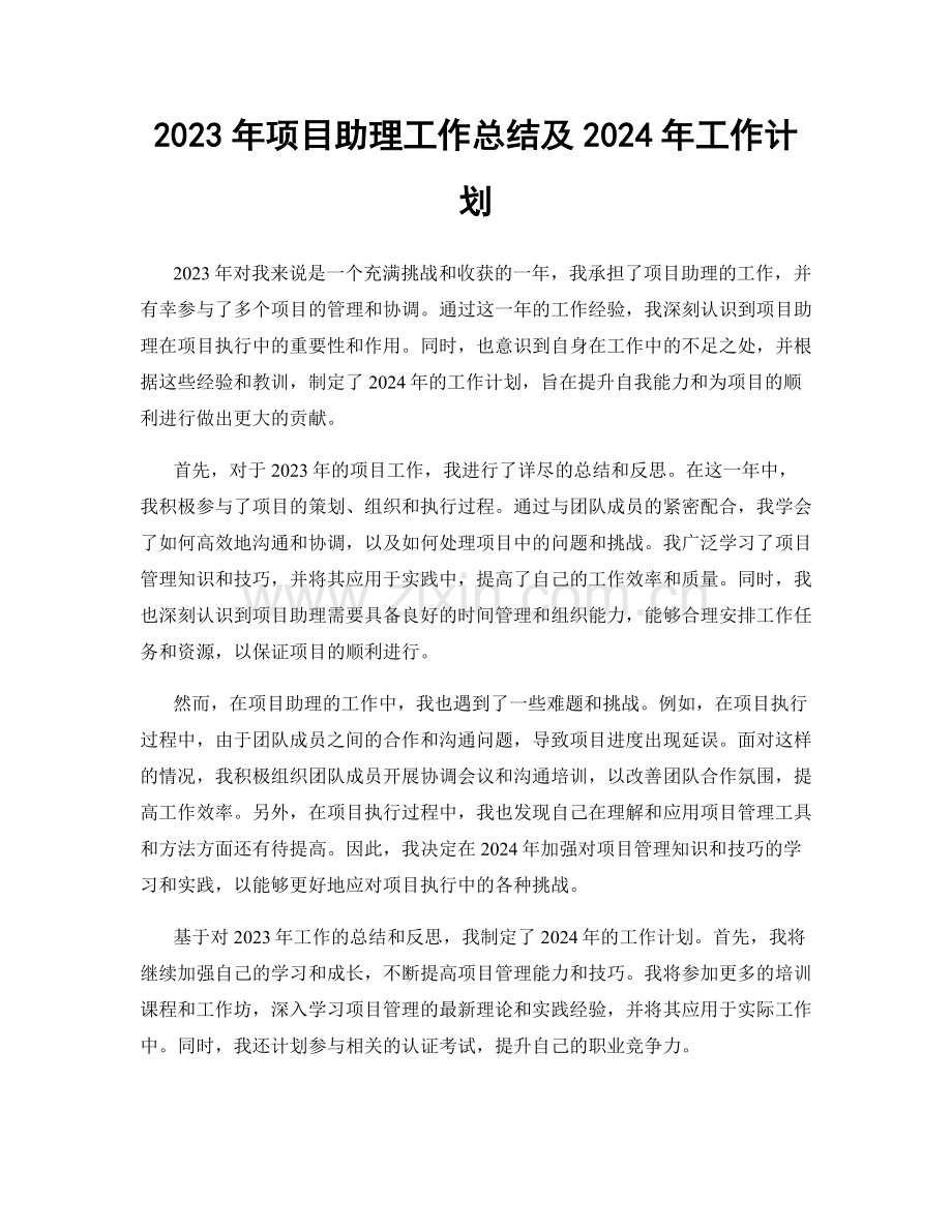 2023年项目助理工作总结及2024年工作计划.docx_第1页