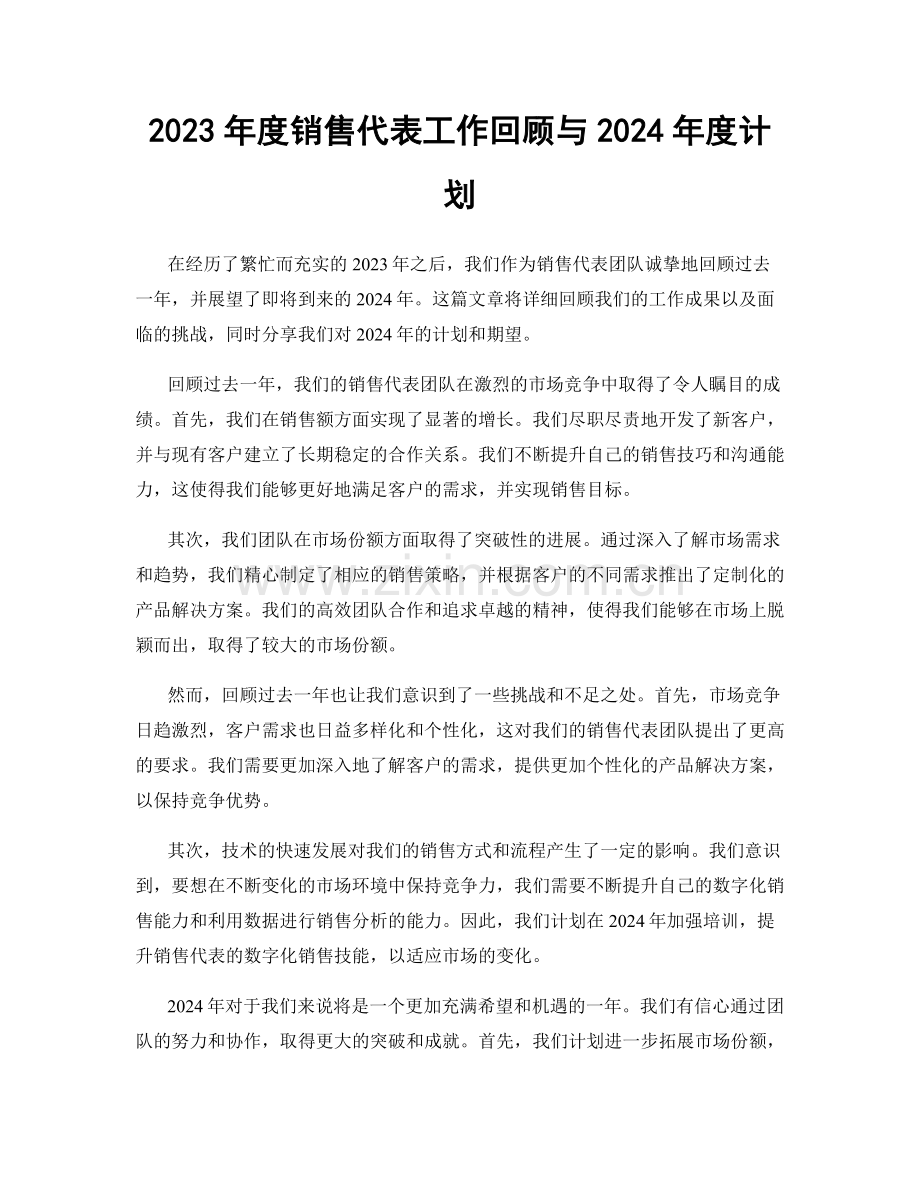 2023年度销售代表工作回顾与2024年度计划.docx_第1页