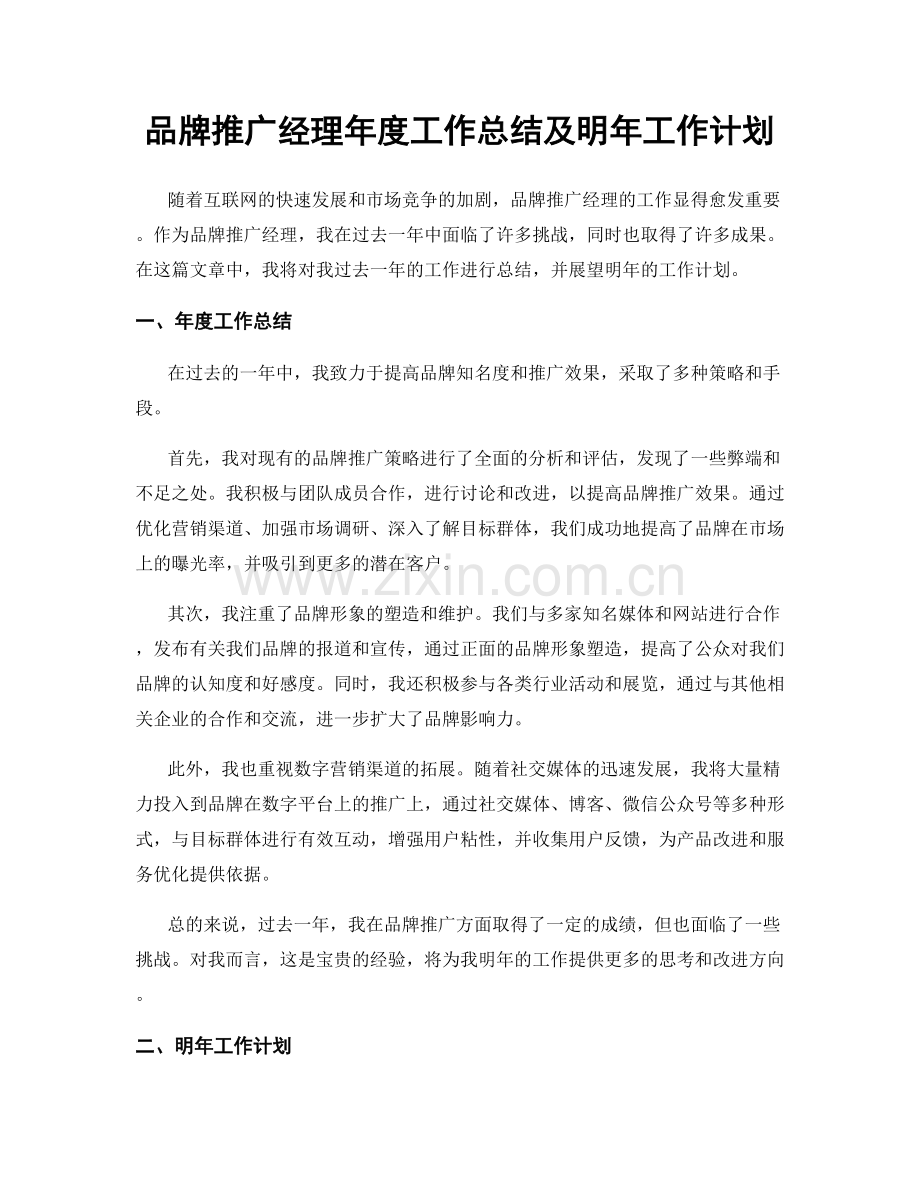 品牌推广经理年度工作总结及明年工作计划.docx_第1页