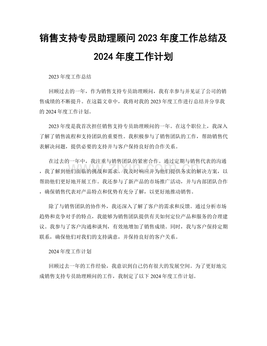 销售支持专员助理顾问2023年度工作总结及2024年度工作计划.docx_第1页