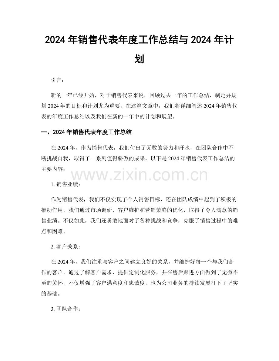 2024年销售代表年度工作总结与2024年计划.docx_第1页