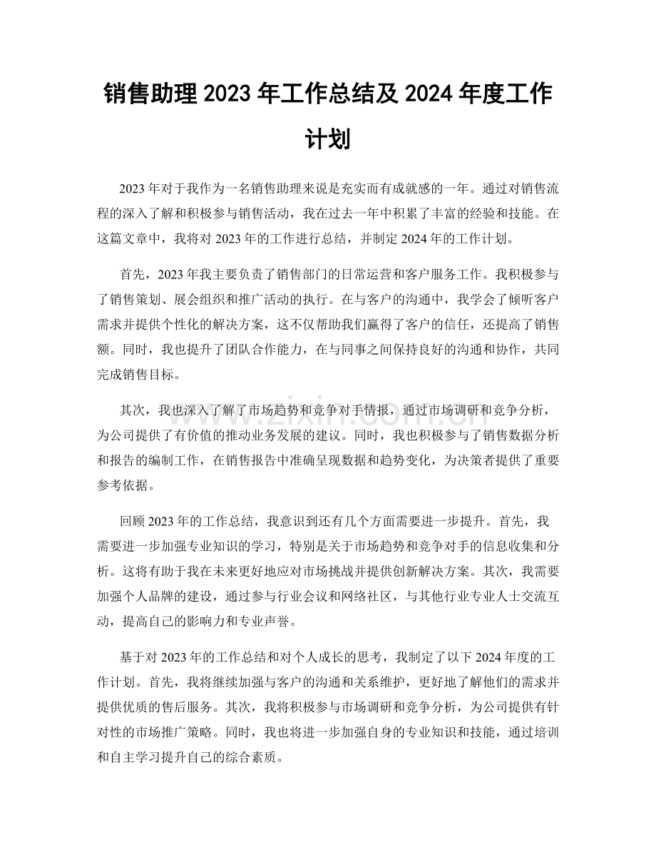 销售助理2023年工作总结及2024年度工作计划.docx_第1页