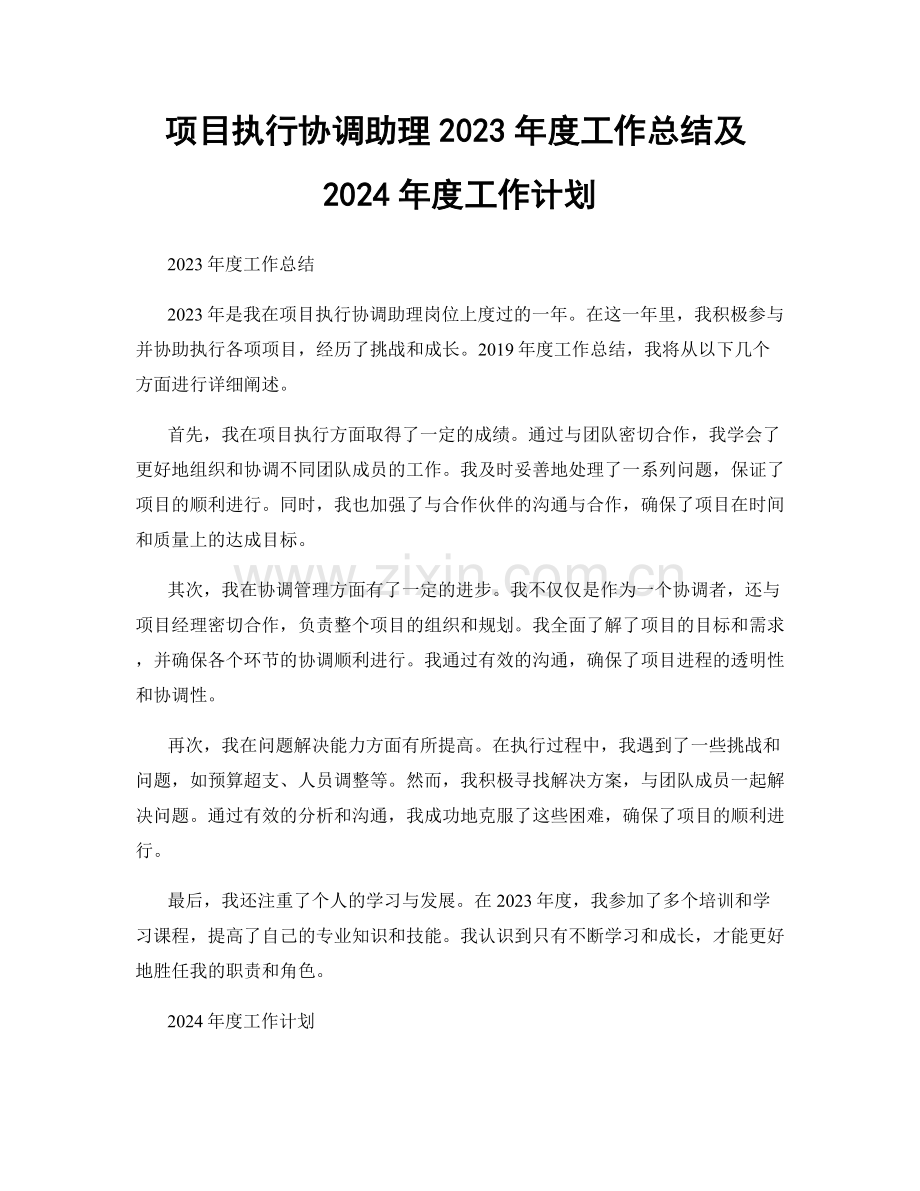 项目执行协调助理2023年度工作总结及2024年度工作计划.docx_第1页