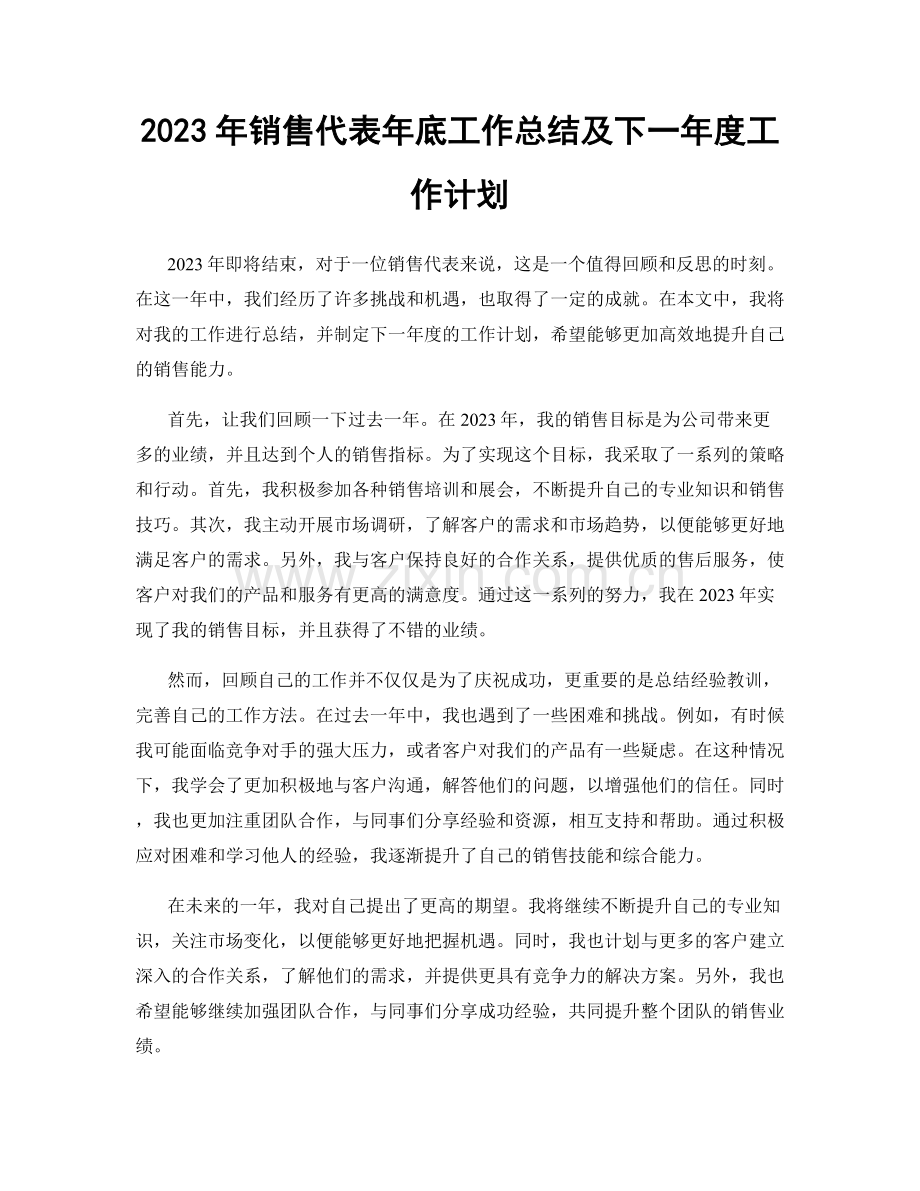 2023年销售代表年底工作总结及下一年度工作计划.docx_第1页