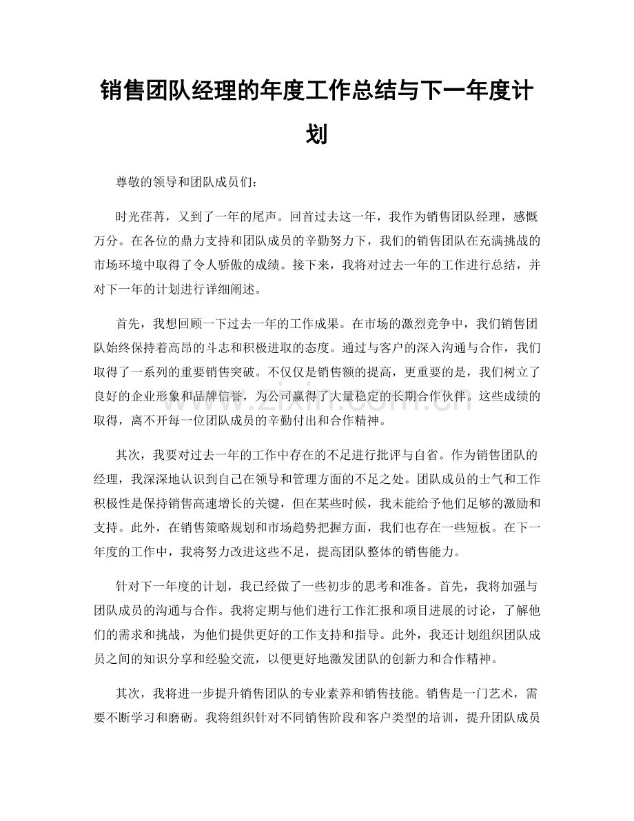 销售团队经理的年度工作总结与下一年度计划.docx_第1页