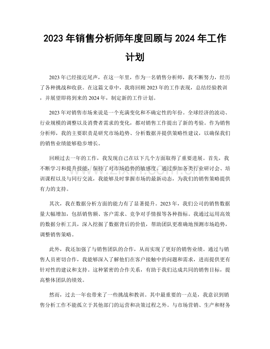 2023年销售分析师年度回顾与2024年工作计划.docx_第1页