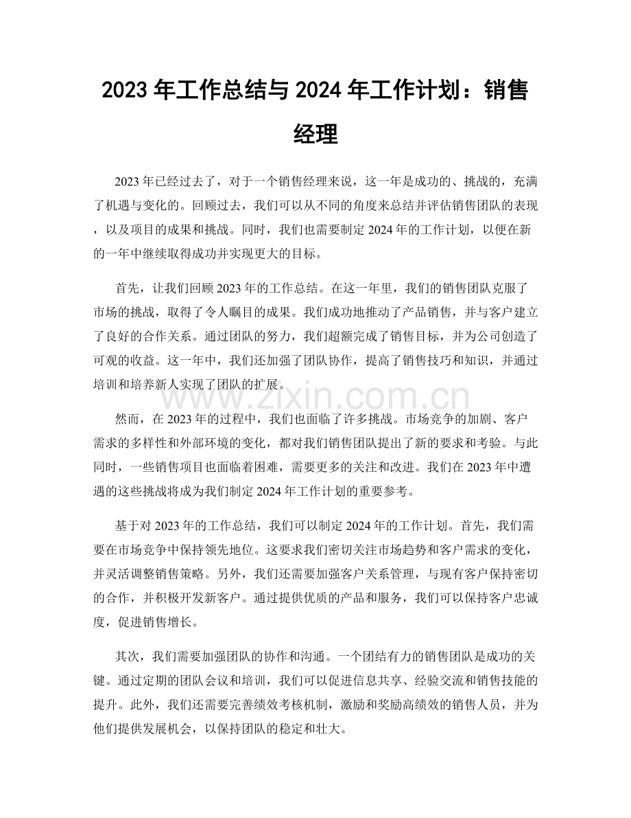 2023年工作总结与2024年工作计划：销售经理.docx_第1页