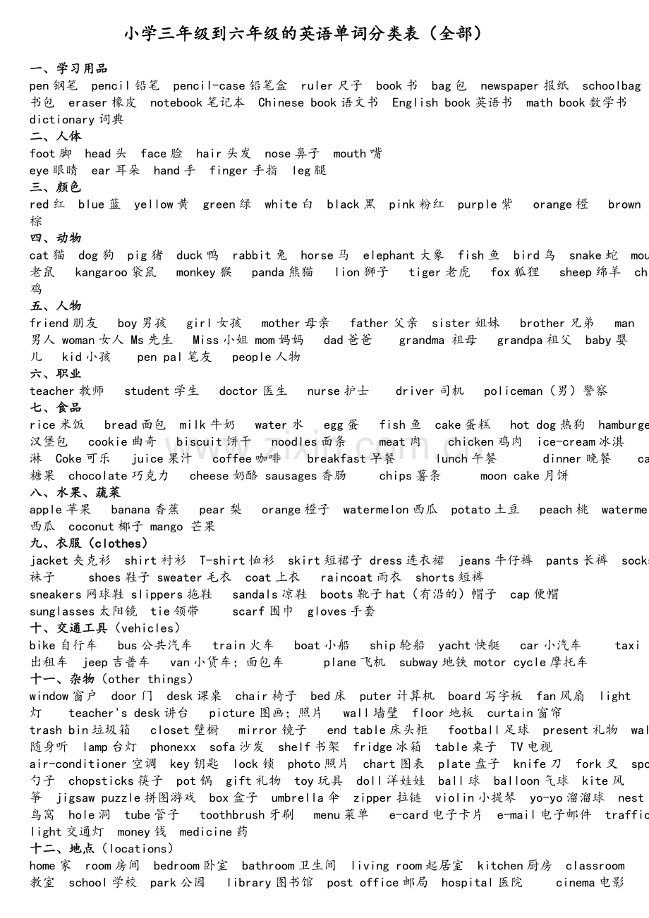 小学三年级到六年级的英语单词分类表.doc_第1页