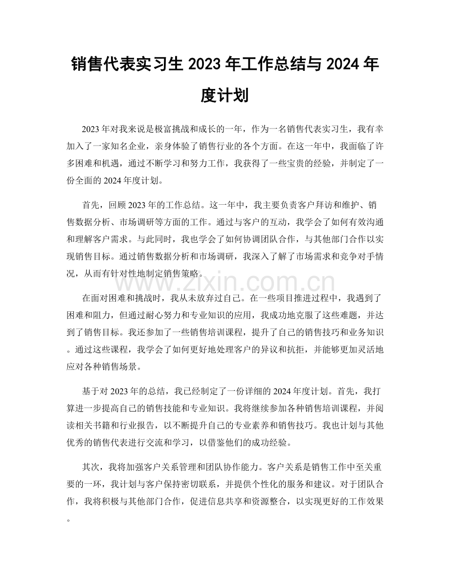 销售代表实习生2023年工作总结与2024年度计划.docx_第1页