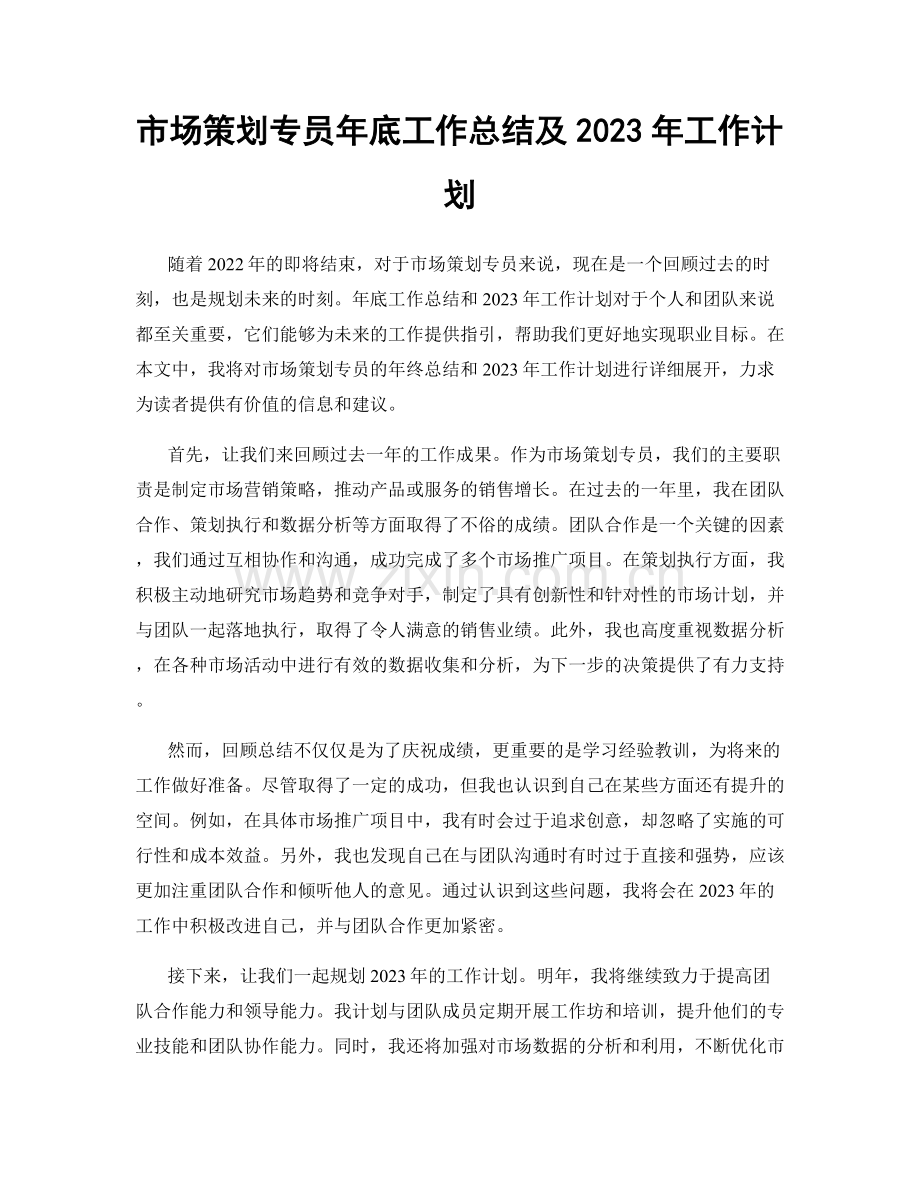 市场策划专员年底工作总结及2023年工作计划.docx_第1页