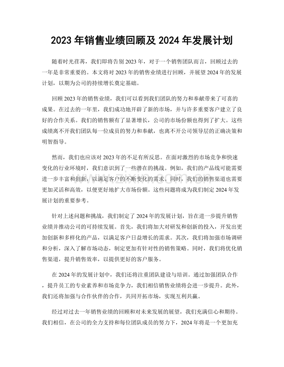 2023年销售业绩回顾及2024年发展计划.docx_第1页