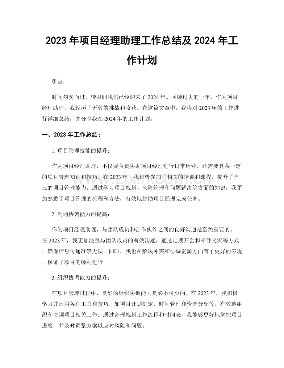 2023年项目经理助理工作总结及2024年工作计划.docx_第1页