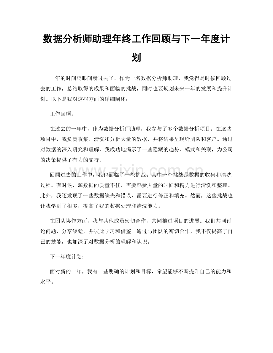 数据分析师助理年终工作回顾与下一年度计划.docx_第1页