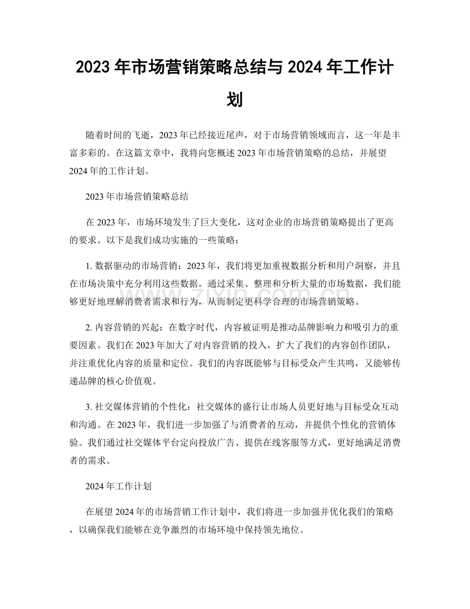 2023年市场营销策略总结与2024年工作计划.docx_第1页