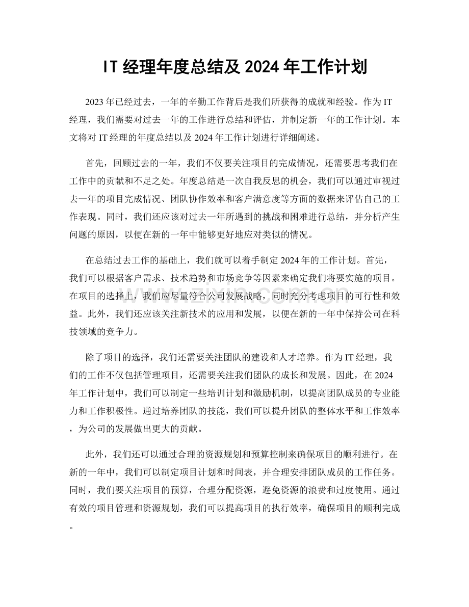 IT经理年度总结及2024年工作计划.docx_第1页