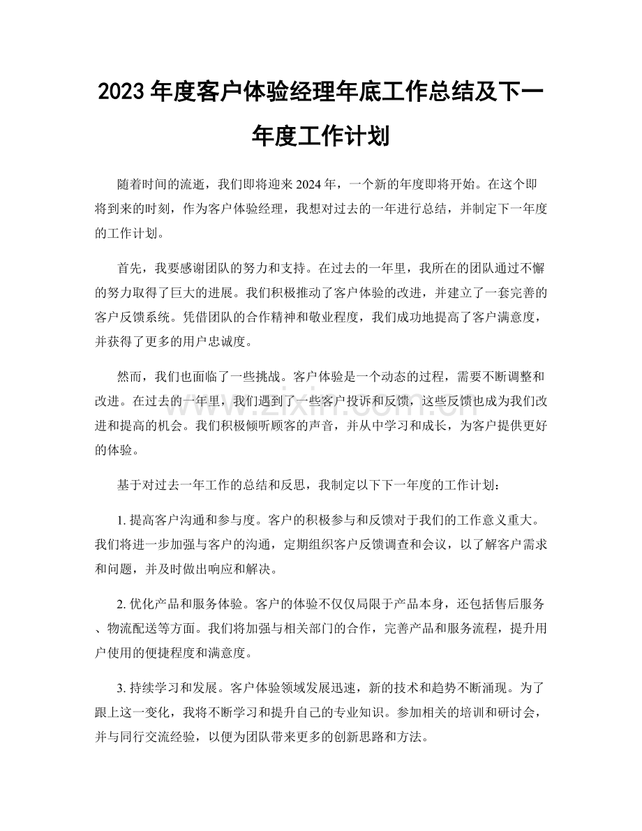 2023年度客户体验经理年底工作总结及下一年度工作计划.docx_第1页