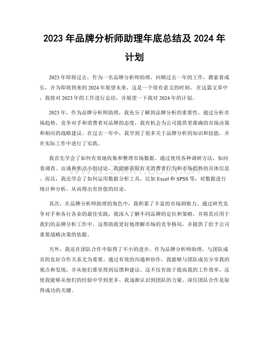 2023年品牌分析师助理年底总结及2024年计划.docx_第1页