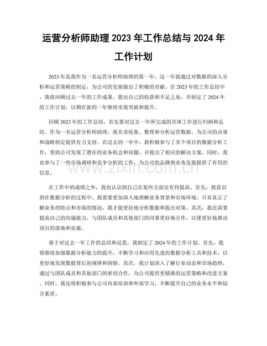 运营分析师助理2023年工作总结与2024年工作计划.docx_第1页