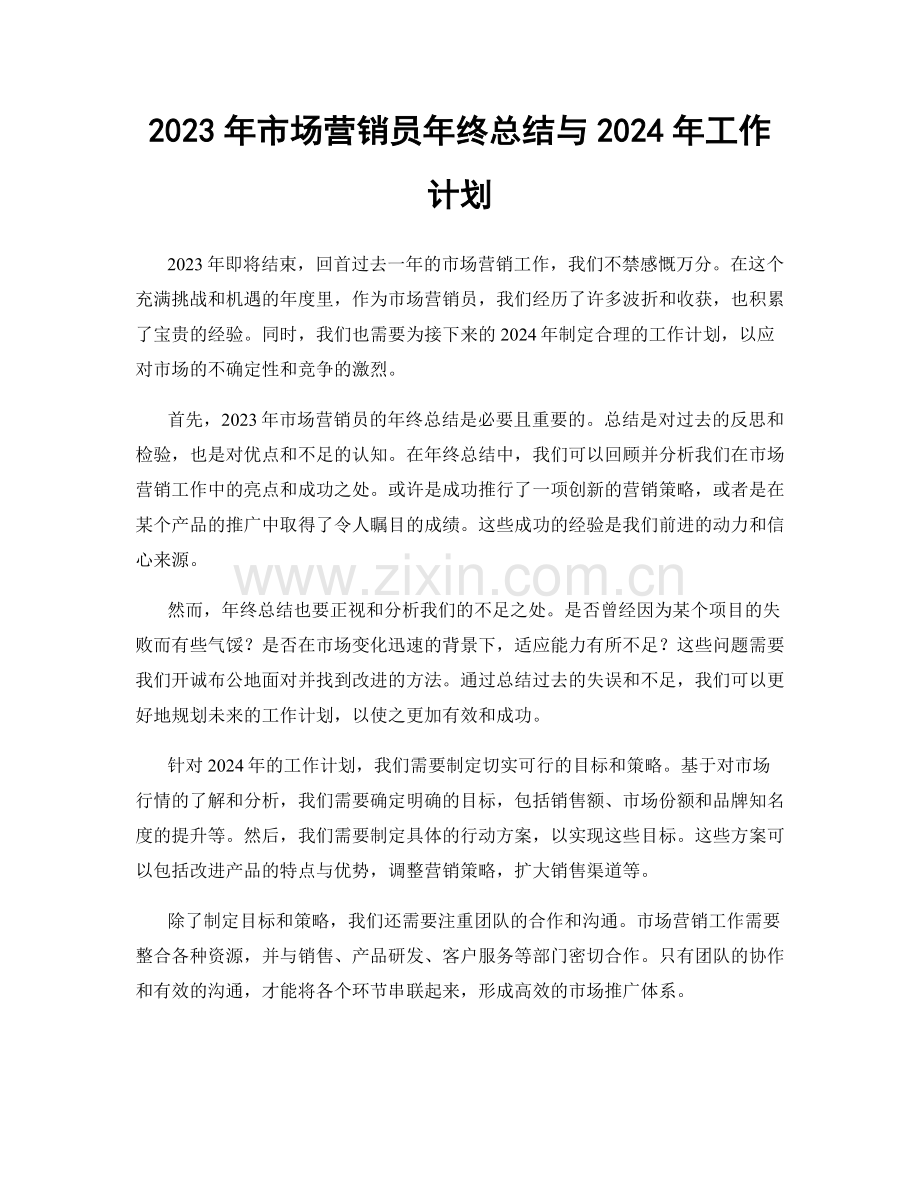 2023年市场营销员年终总结与2024年工作计划.docx_第1页