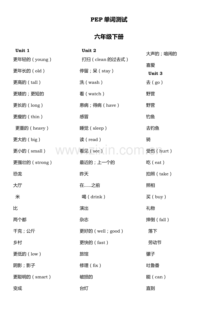 新人教版6年级下PEP英语单词测试表.doc_第1页