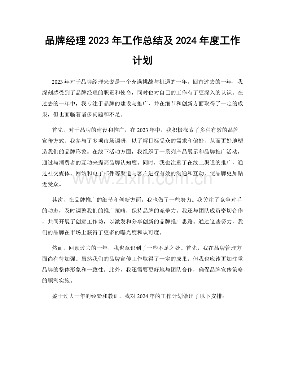 品牌经理2023年工作总结及2024年度工作计划.docx_第1页