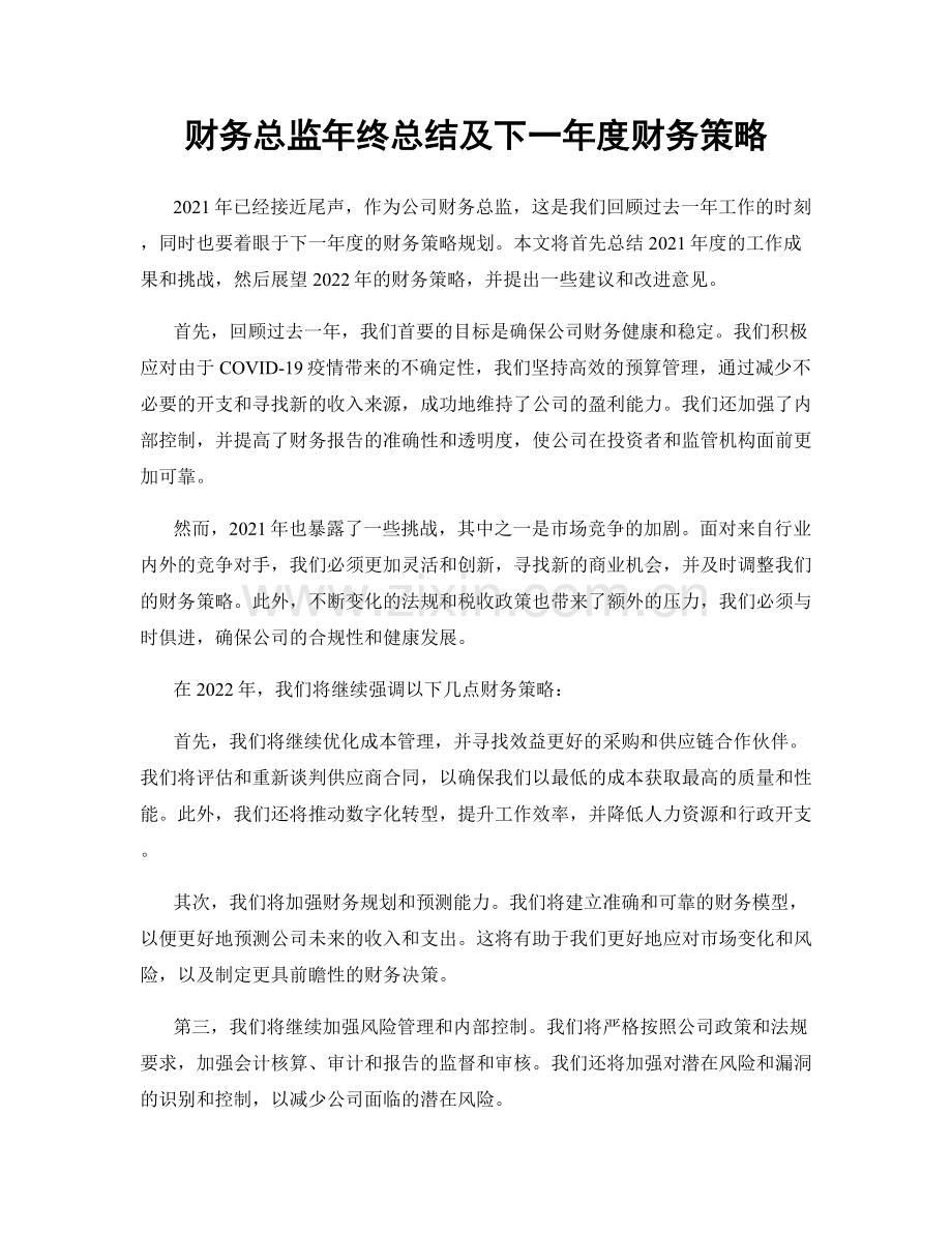 财务总监年终总结及下一年度财务策略.docx_第1页