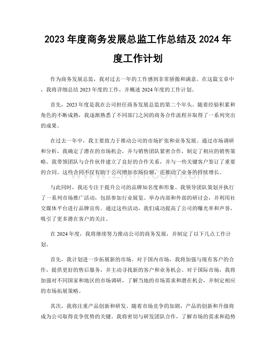 2023年度商务发展总监工作总结及2024年度工作计划.docx_第1页