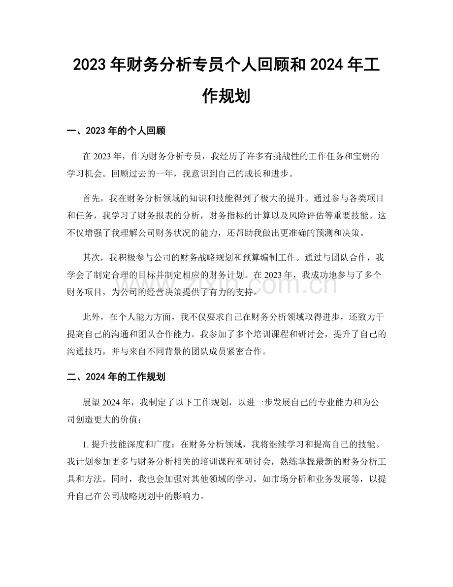 2023年财务分析专员个人回顾和2024年工作规划.docx_第1页